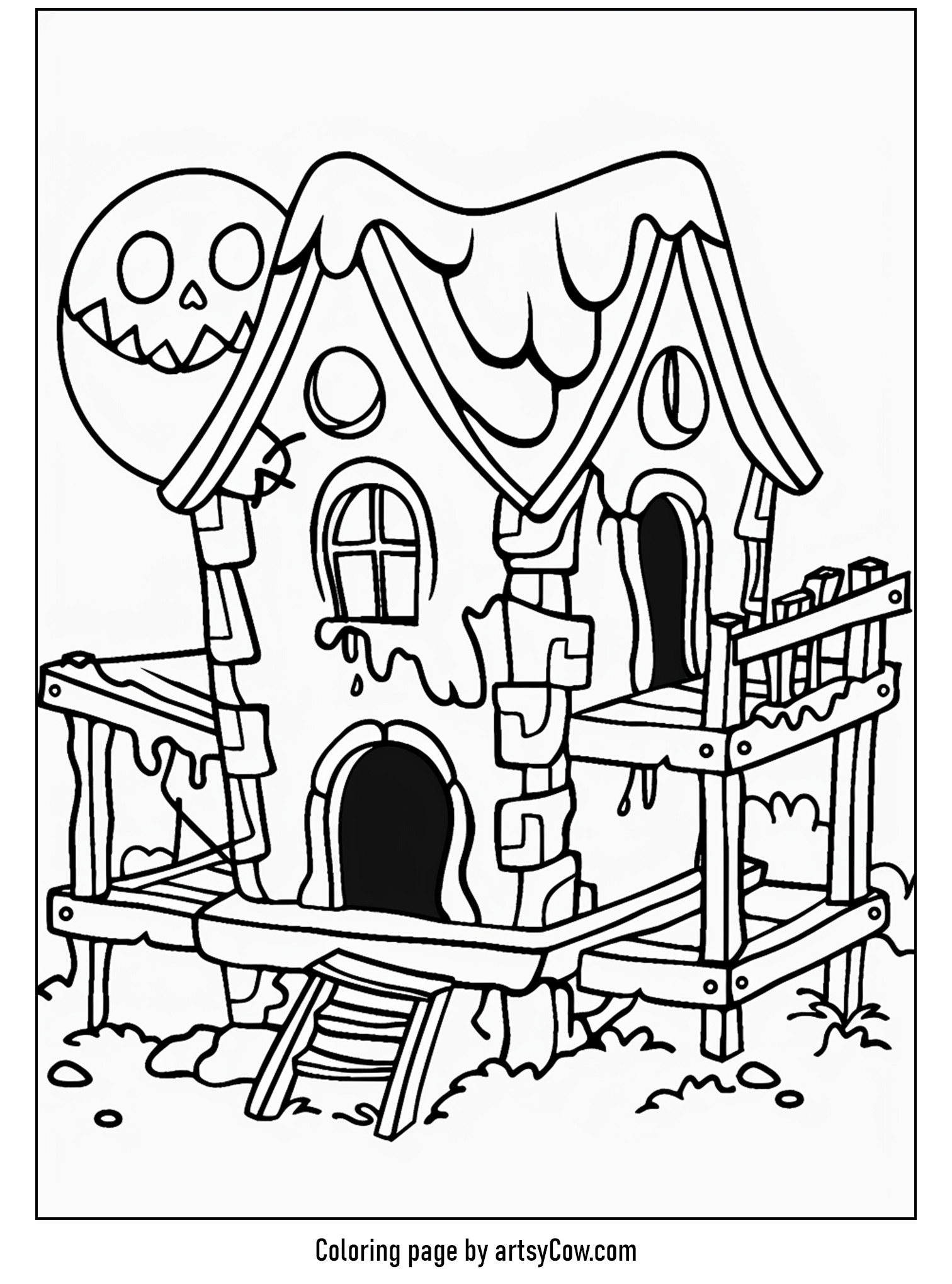 a haunted house with a grinning moon looming above